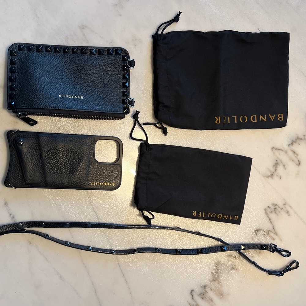 Leather Crossbody Bandolier in Black/Silver and leather Zip Pouch Black/Silver